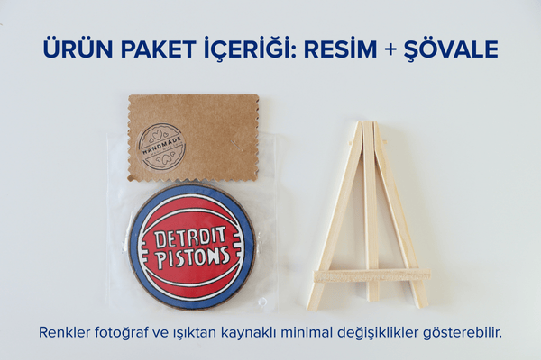 Duralit Üzerine Akrilik Boya Resim - 10 cm Çapında - Resim + Şövale Bir Arada - Basketbol Takımı: Detroit Pistons