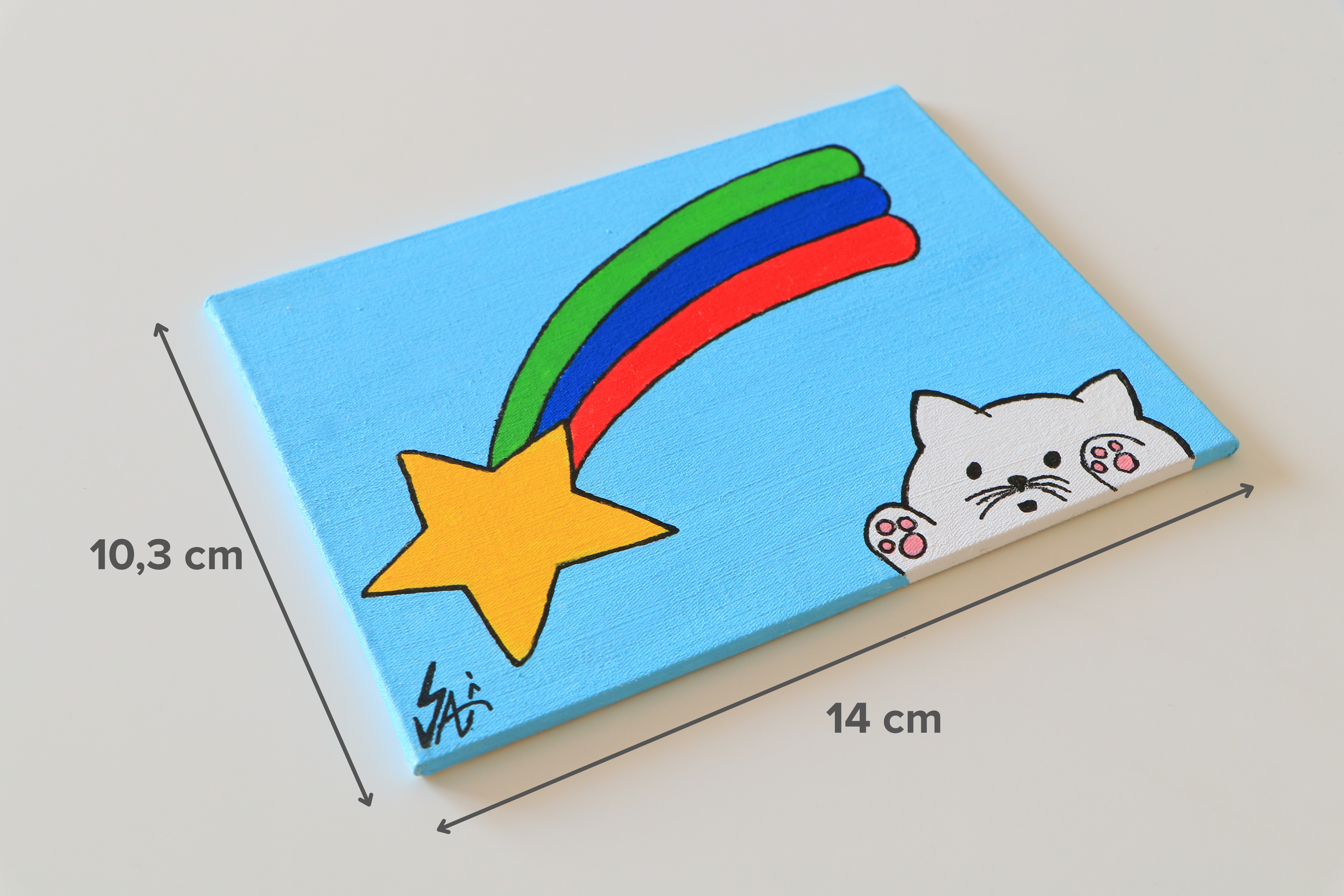 Duralit Üzerine Akrilik Boya Resim - 10,3cm x 14cm - Resim + Şövale Bir Arada - Yıldız ve Gökkuşağı