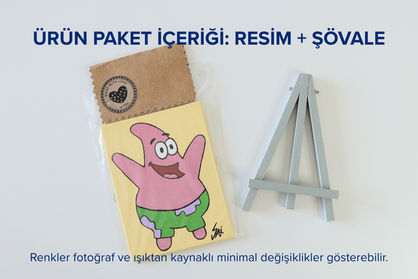Duralit Üzerine Akrilik Boya Resim - 10,3cm x 14cm - Resim + Şövale Bir Arada - Sünger Bob Arkadaşı Patrick Yıldız