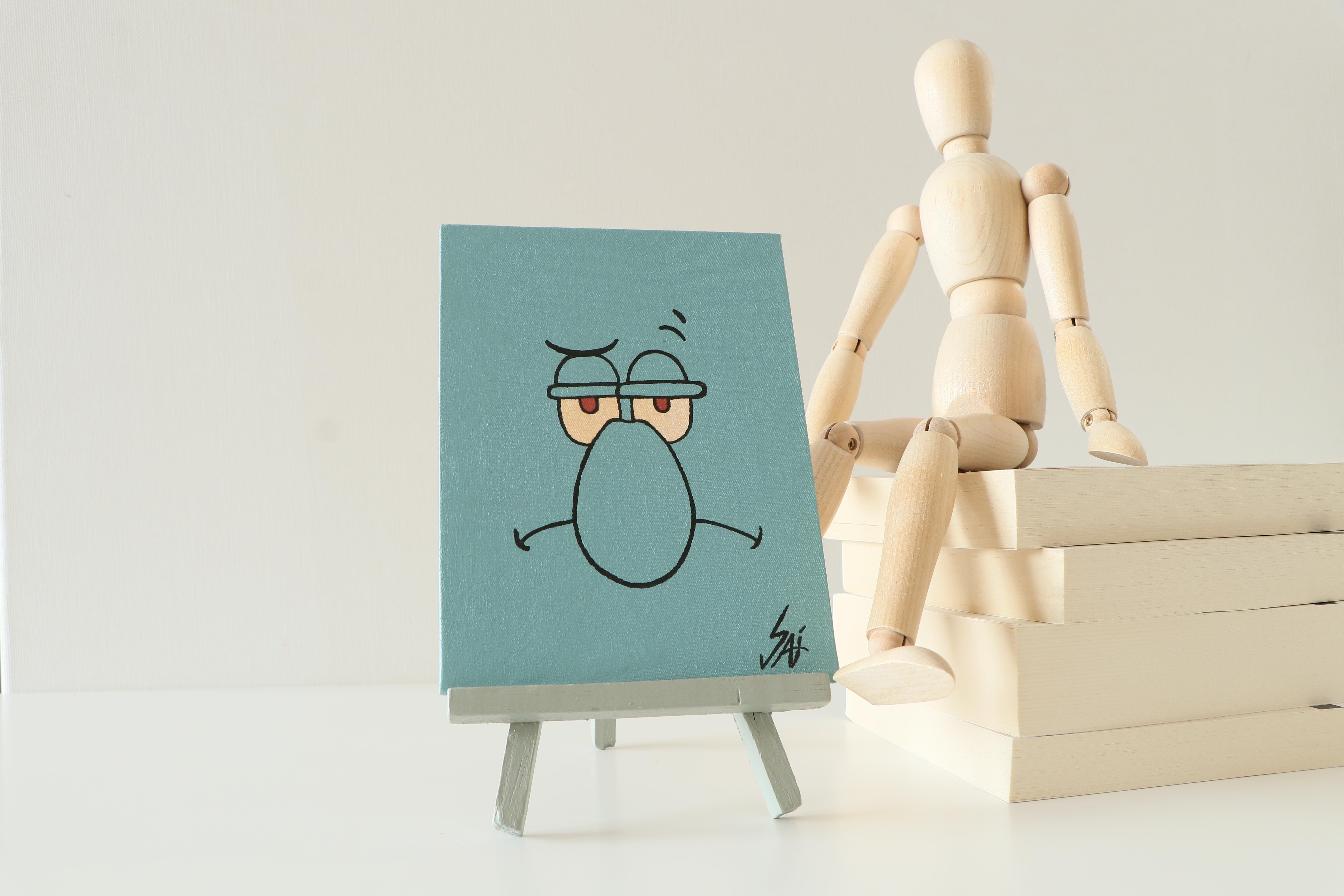 Duralit Üzerine Akrilik Boya Resim - 10,3cm x 14cm - Resim + Şövale Bir Arada - Sünger Bob Arkadaşı Squidward Dokunaç