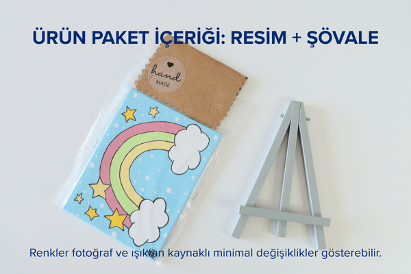 Duralit Üzerine Akrilik Boya Resim - 10,3cm x 14cm - Resim + Şövale Bir Arada - Bulut ve Gökkuşağı