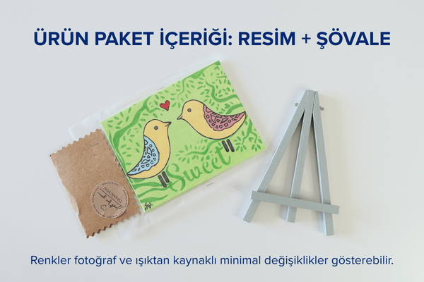 Duralit Üzerine Akrilik Boya Resim - 10,3cm x 14cm - Resim + Şövale Bir Arada - İki Aşık Kuş