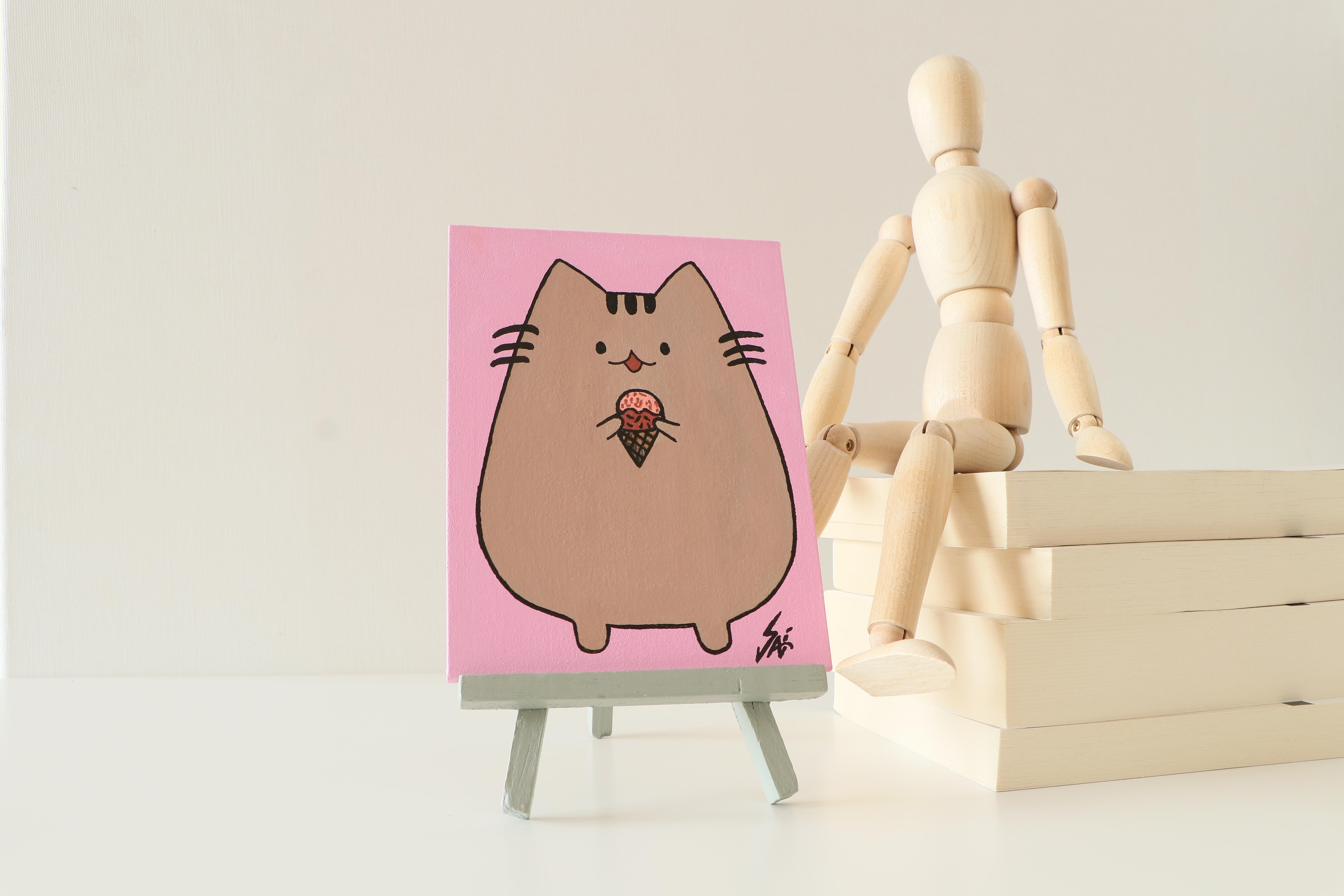 Duralit Üzerine Akrilik Boya Resim - 10,3cm x 14cm - Resim + Şövale Bir Arada - Pusheen