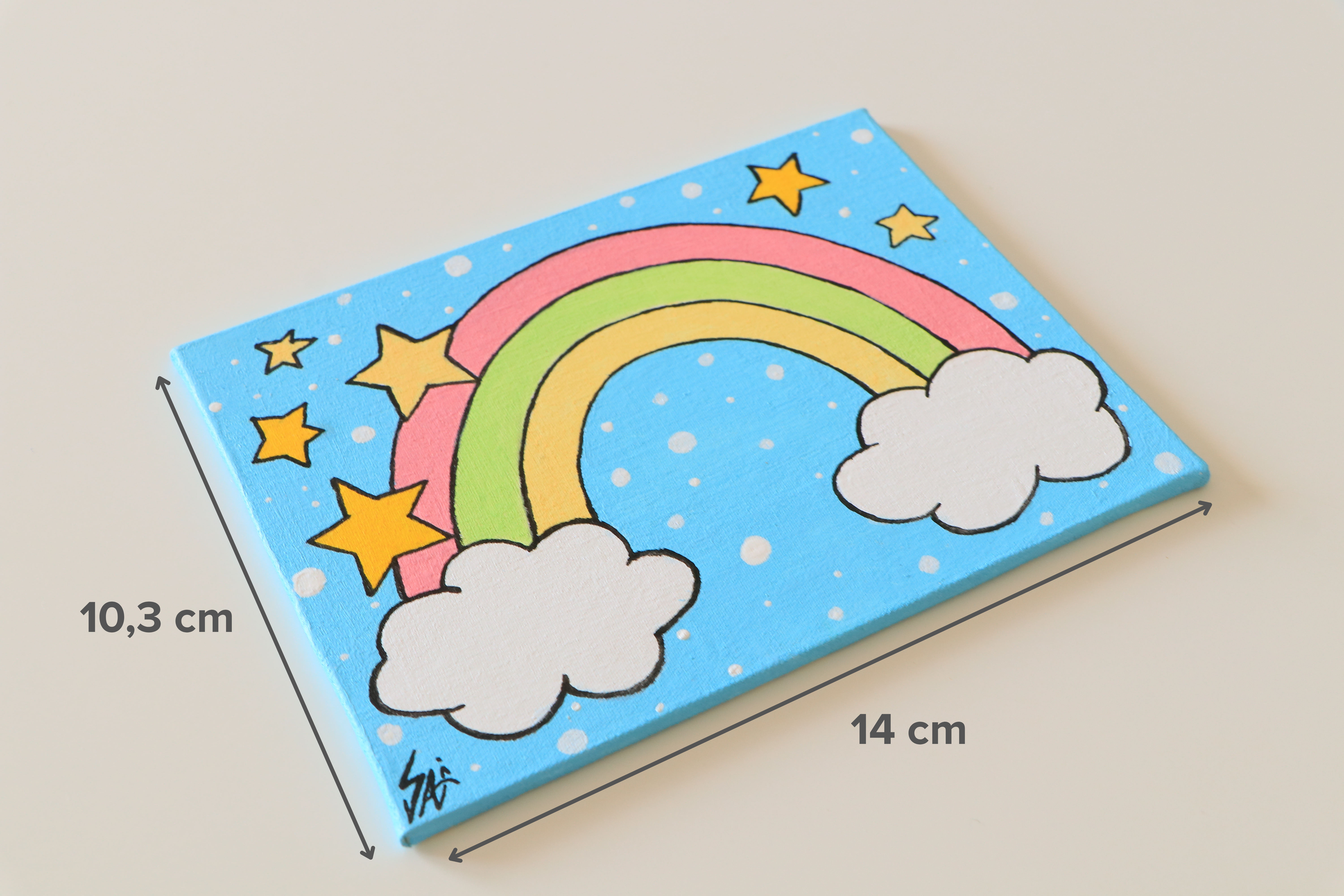 Duralit Üzerine Akrilik Boya Resim - 10,3cm x 14cm - Resim + Şövale Bir Arada - Bulut ve Gökkuşağı