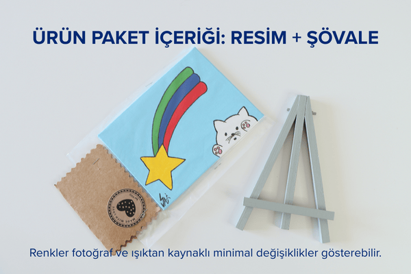 Duralit Üzerine Akrilik Boya Resim - 10,3cm x 14cm - Resim + Şövale Bir Arada - Yıldız ve Gökkuşağı