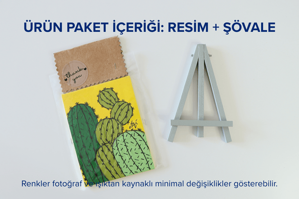 Duralit Üzerine Akrilik Boya Resim - 10,3cm x 14cm - Resim + Şövale Bir Arada - Kaktüsler