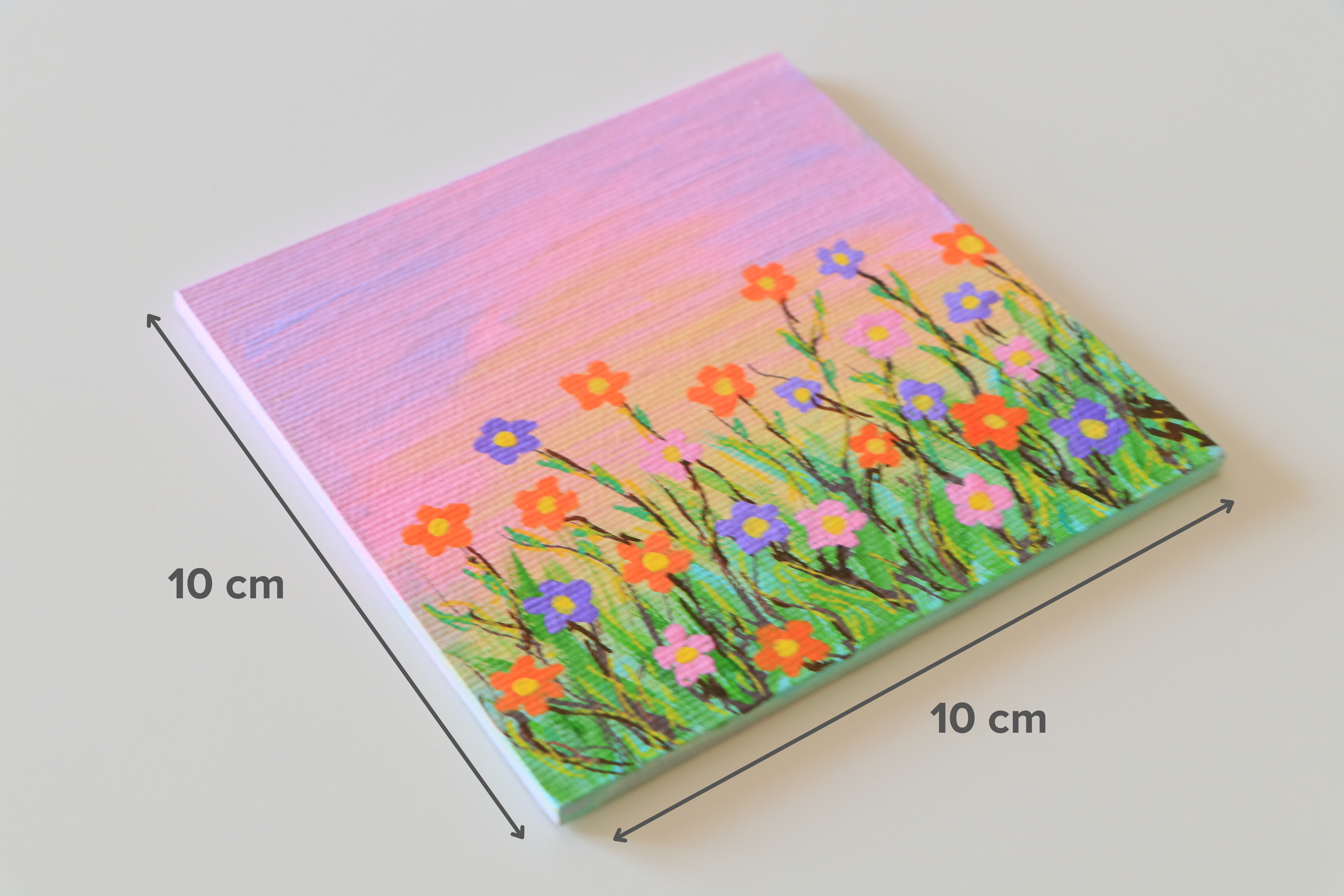 Duralit Üzerine Akrilik Boya Resim - 10cm x 10cm - Resim + Şövale Bir Arada - Renkli Çiçekler
