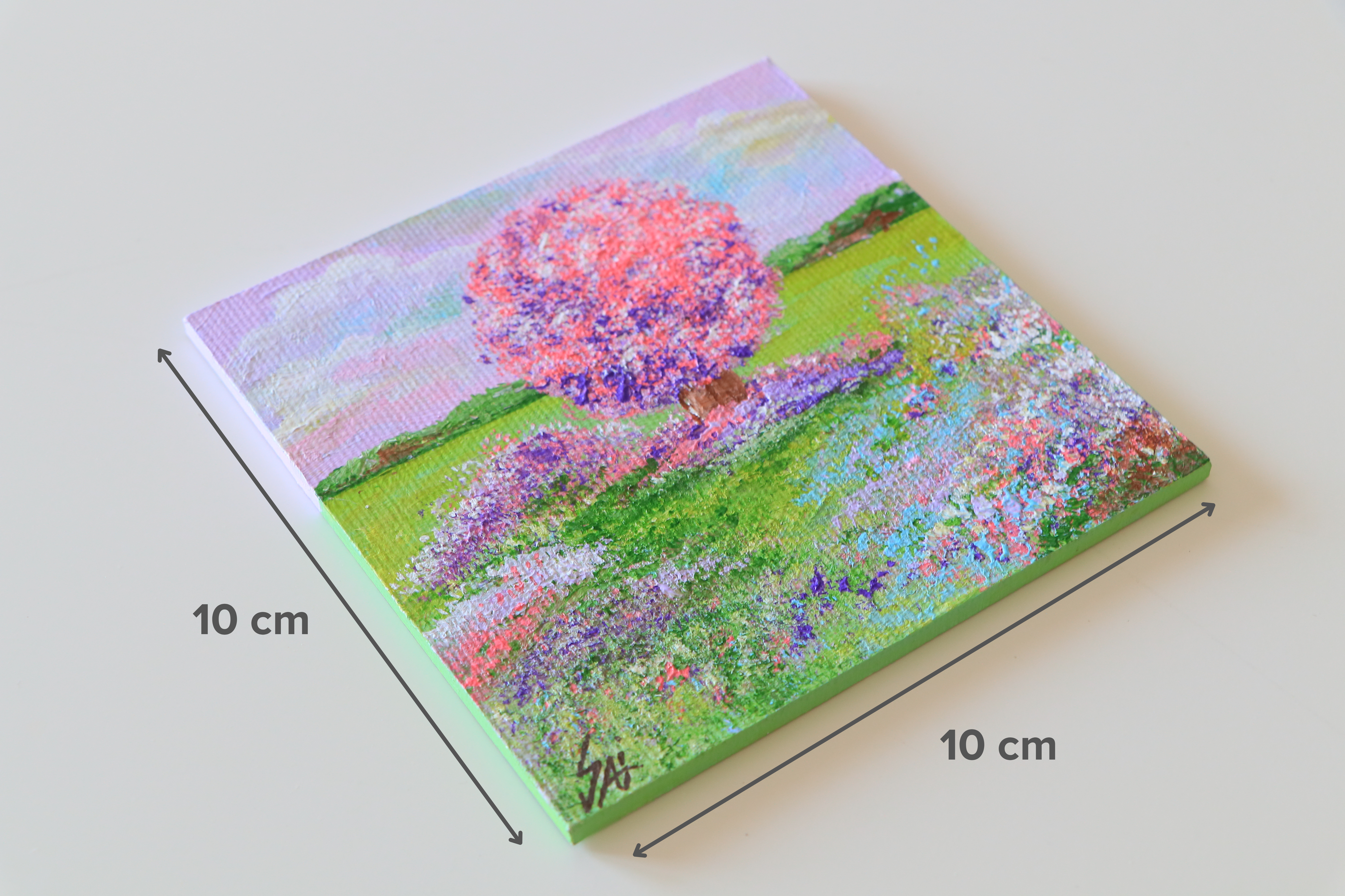 Duralit Üzerine Akrilik Boya Resim - 10cm x 10cm - Resim + Şövale Bir Arada - Renkli Ağaç ve Manzara