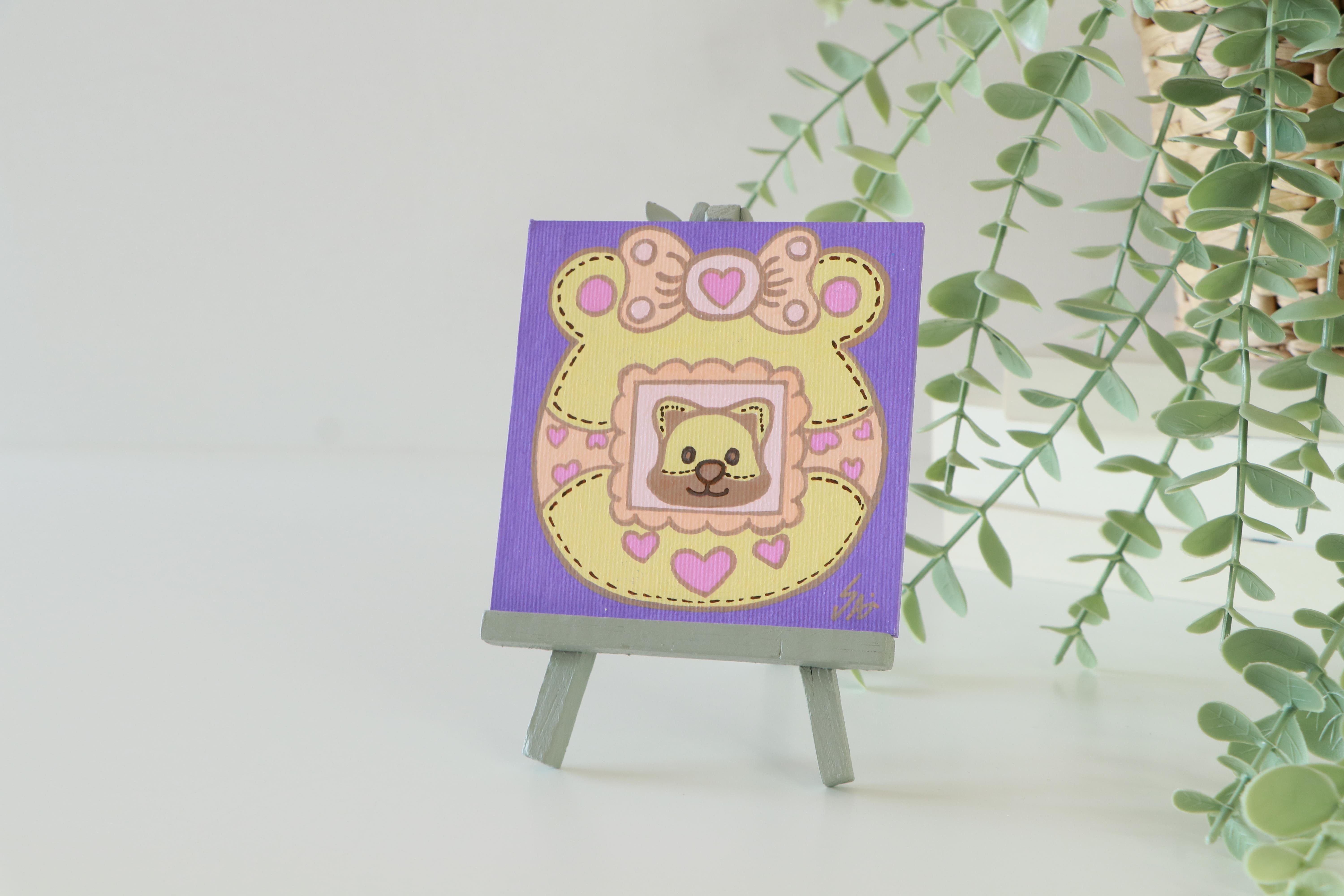 Duralit Üzerine Akrilik Boya Resim - 10cm x 10cm - Resim + Şövale Bir Arada - Sevimli Ayıcık
