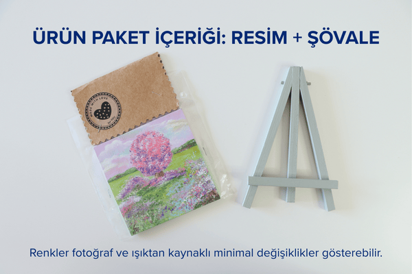 Duralit Üzerine Akrilik Boya Resim - 10cm x 10cm - Resim + Şövale Bir Arada - Renkli Ağaç ve Manzara