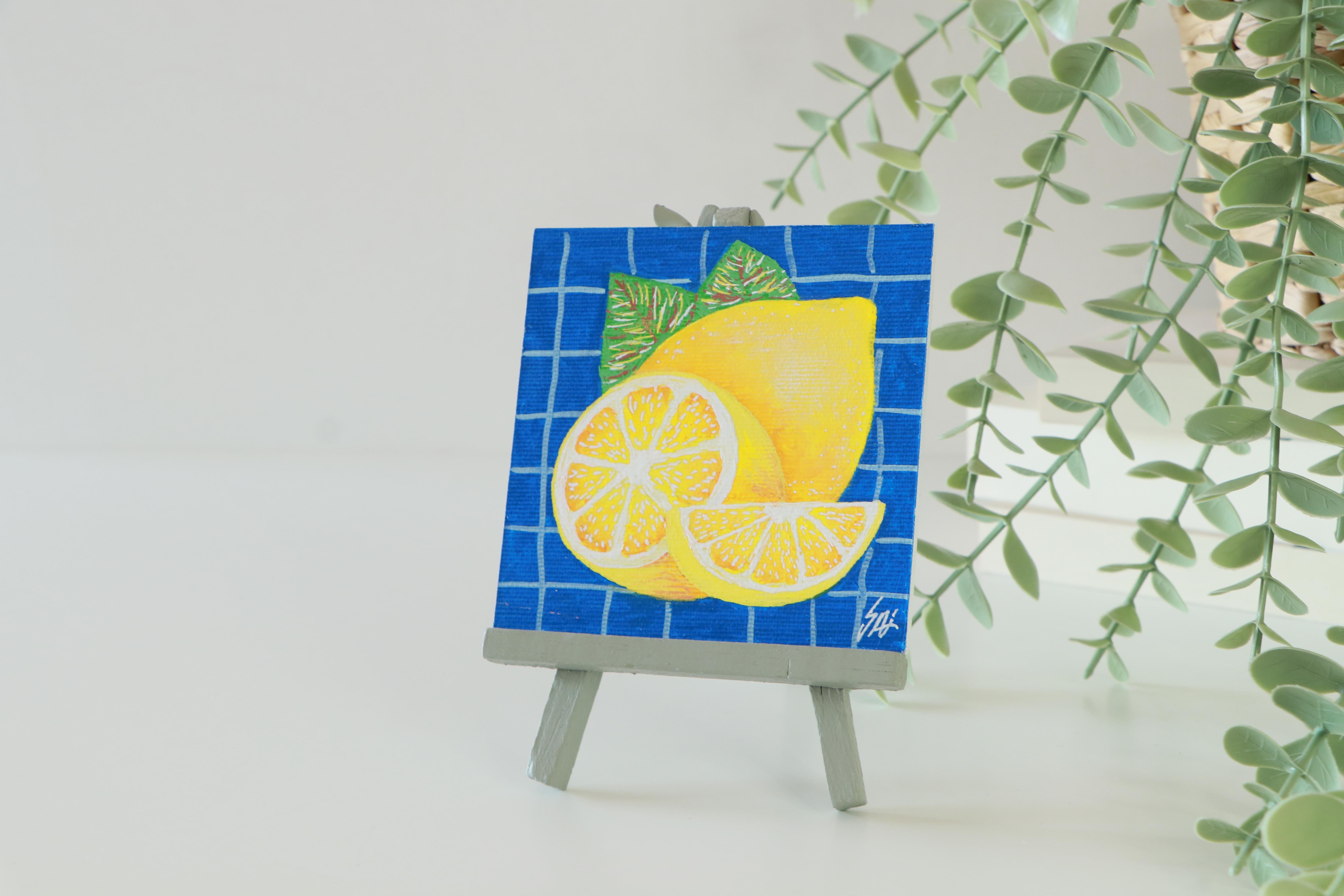 Duralit Üzerine Akrilik Boya Resim - 10cm x 10cm - Resim + Şövale Bir Arada - Limonlar