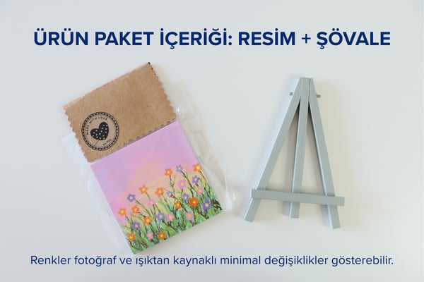 Duralit Üzerine Akrilik Boya Resim - 10cm x 10cm - Resim + Şövale Bir Arada - Renkli Çiçekler