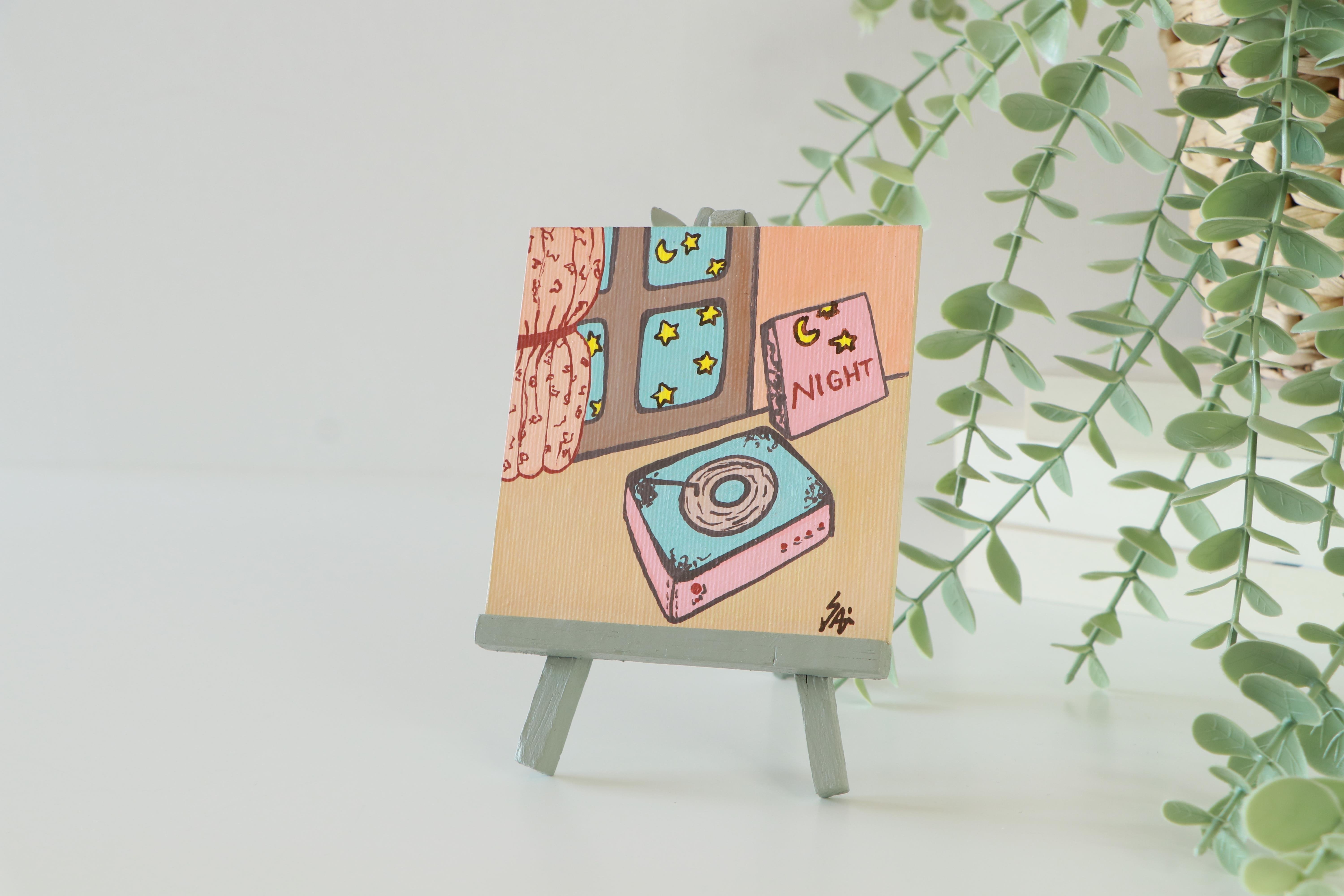 Duralit Üzerine Akrilik Boya Resim - 10cm x 10cm - Resim + Şövale Bir Arada - Pikap ve Gece