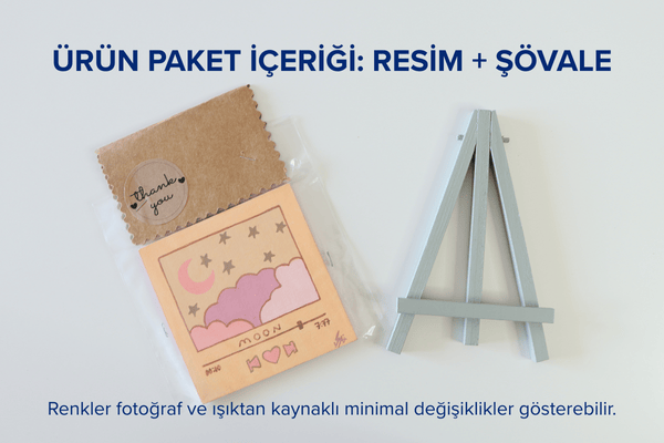 Duralit Üzerine Akrilik Boya Resim - 10cm x 10cm - Resim + Şövale Bir Arada - Bulut ve Ay Manzaralı Şarkı