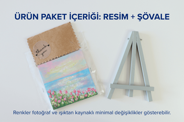 Duralit Üzerine Akrilik Boya Resim - 10cm x 10cm - Resim + Şövale Bir Arada - Deniz Manzarası ve Pembe Çiçekler