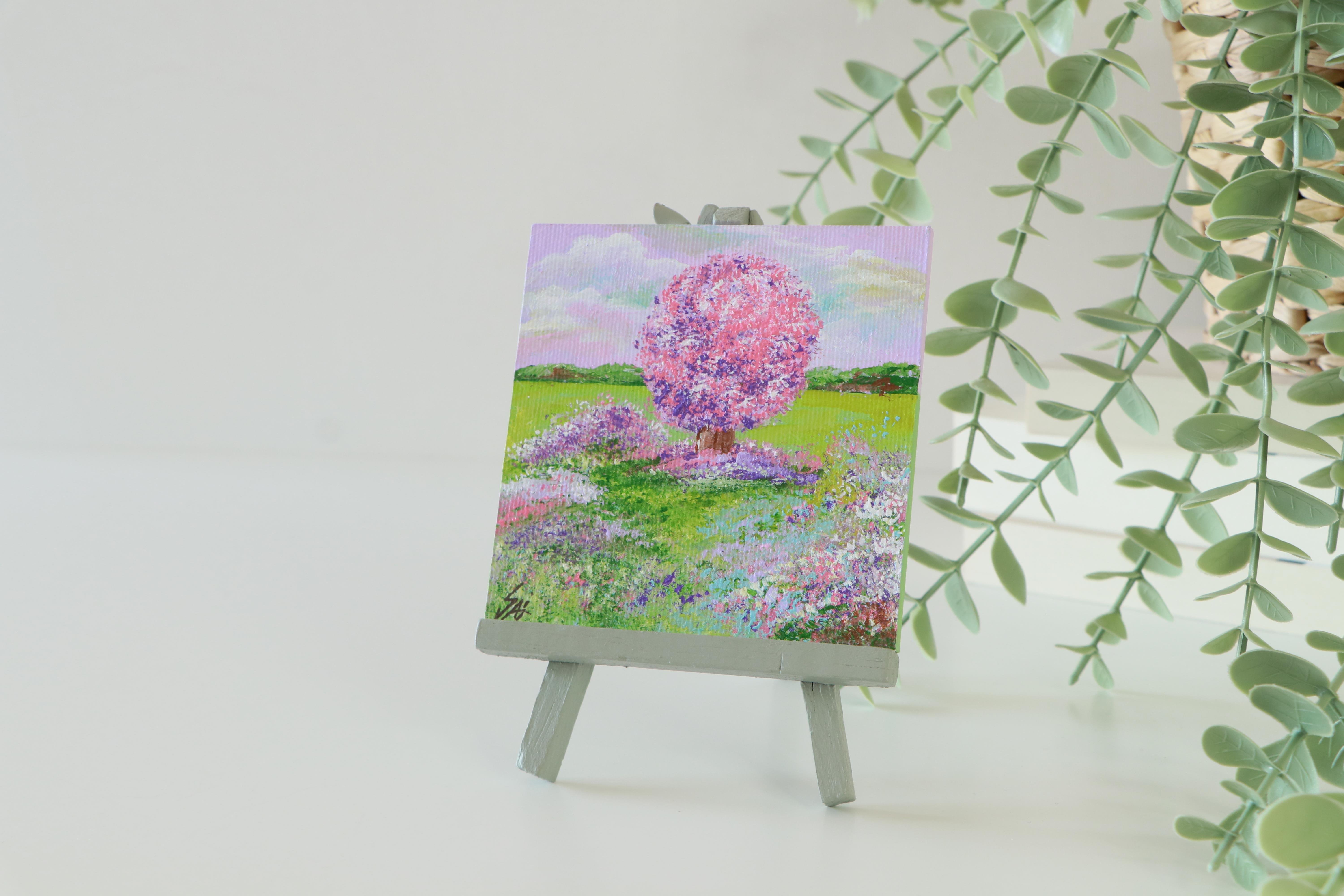 Duralit Üzerine Akrilik Boya Resim - 10cm x 10cm - Resim + Şövale Bir Arada - Renkli Ağaç ve Manzara