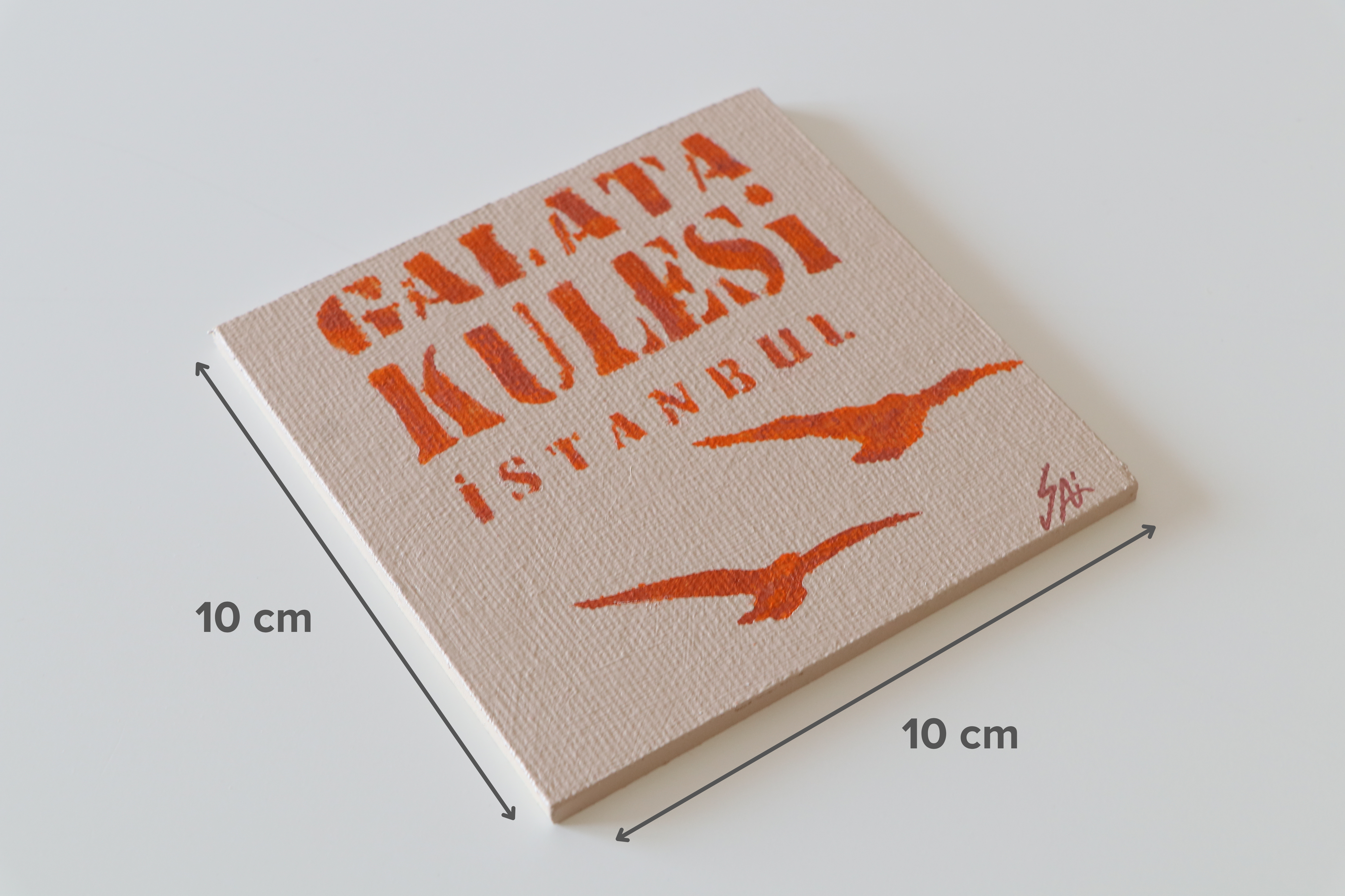 Duralit Üzerine Akrilik Boya Resim - 10cm x 10cm - Resim + Şövale Bir Arada - İstanbul Galata Kulesi ve Lale 1