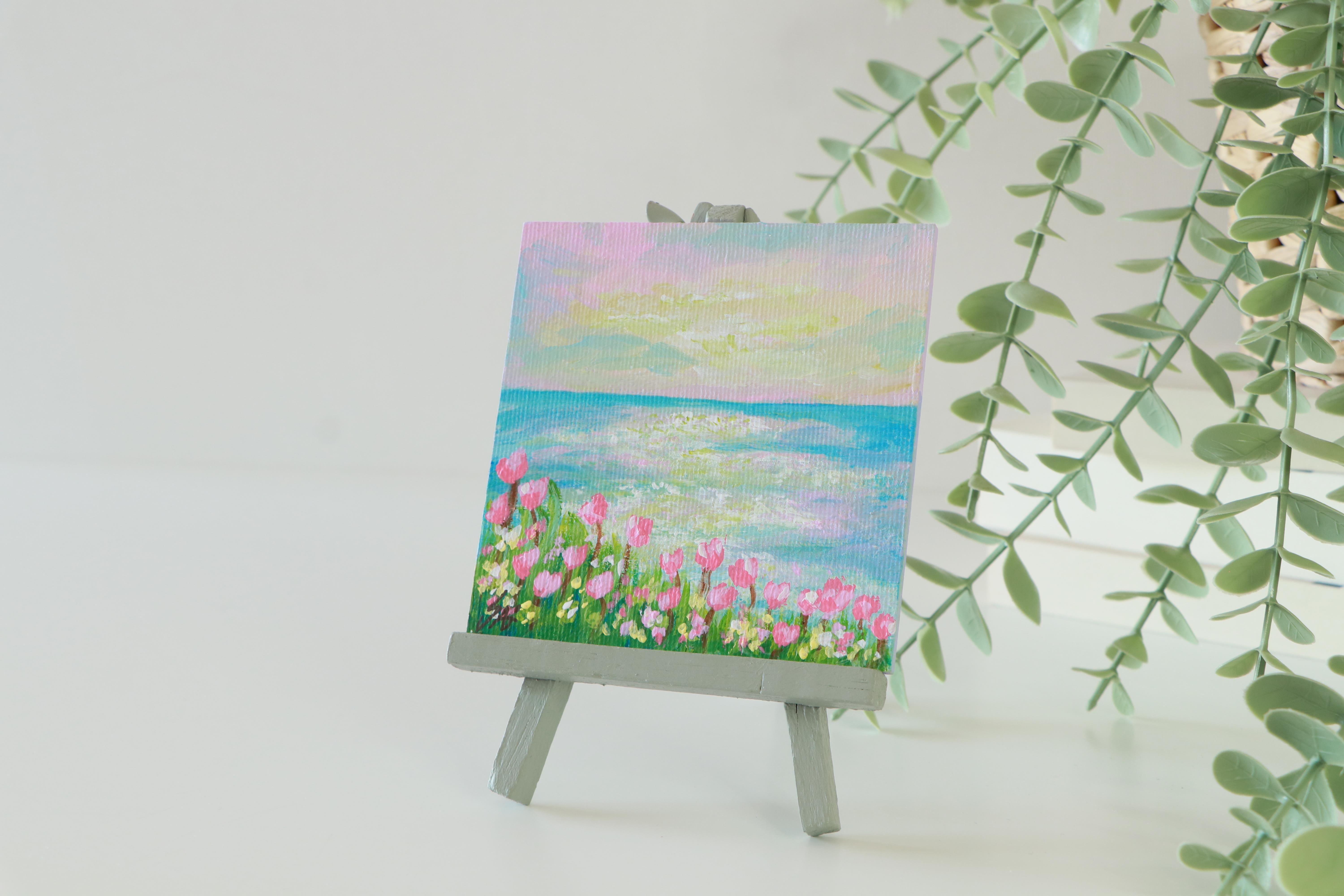 Duralit Üzerine Akrilik Boya Resim - 10cm x 10cm - Resim + Şövale Bir Arada - Deniz Manzarası ve Pembe Çiçekler