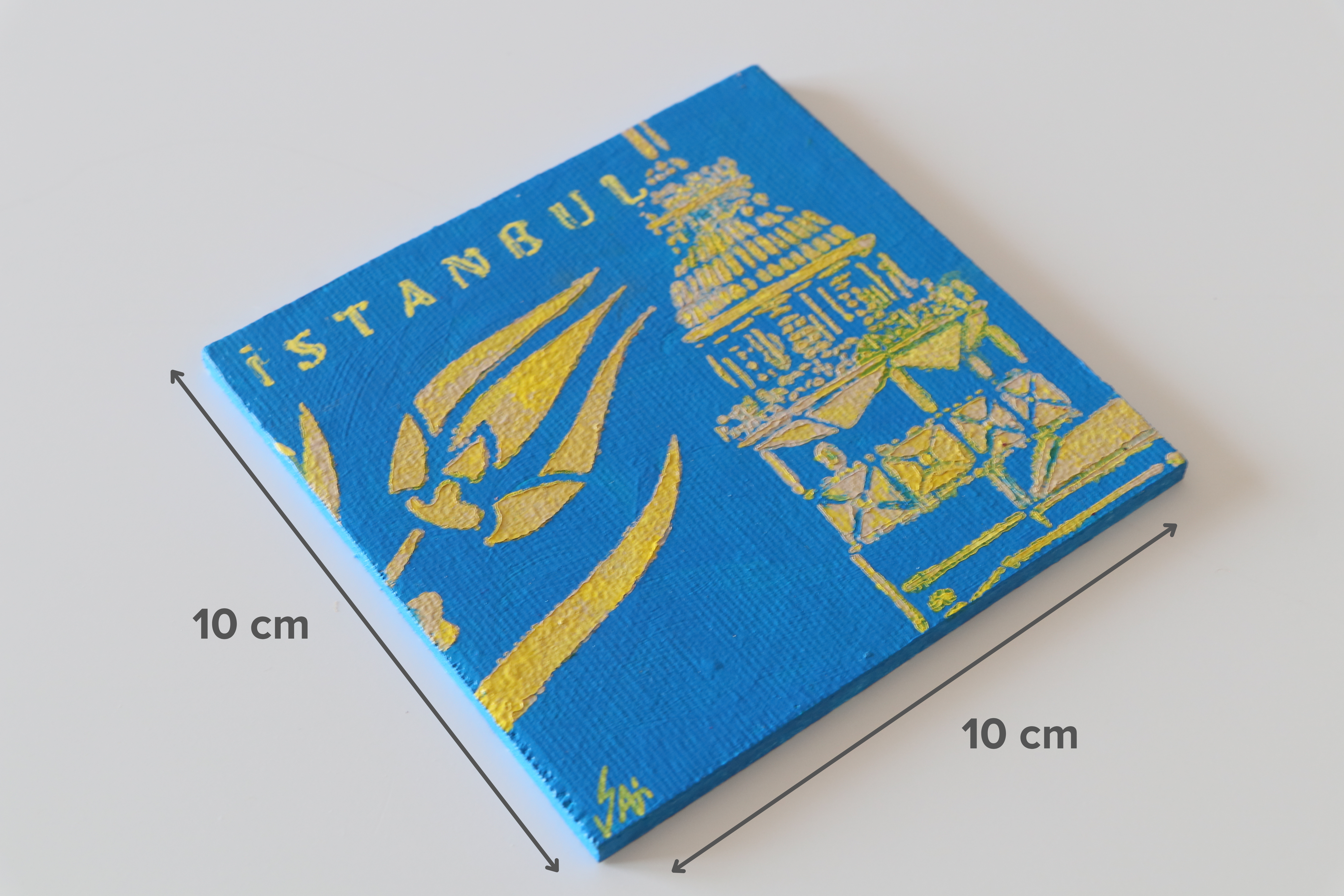 Duralit Üzerine Akrilik Boya Resim - 10cm x 10cm - Resim + Şövale Bir Arada - İstanbul Kız Kulesi ve Lale
