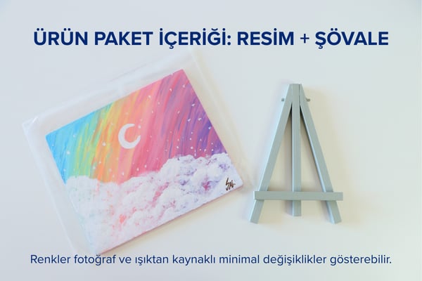 Duralit Üzerine Akrilik Boya Resim - 14cm x 16.5cm - Resim + Şövale Bir Arada - Desen 1: Renkli Gökyüzü, Bulutlar ve Ay