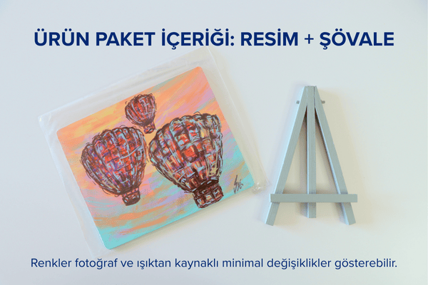 Duralit Üzerine Akrilik Boya Resim - 14cm x 16.5cm - Resim + Şövale Bir Arada - Desen 3: Uçan Balonlar