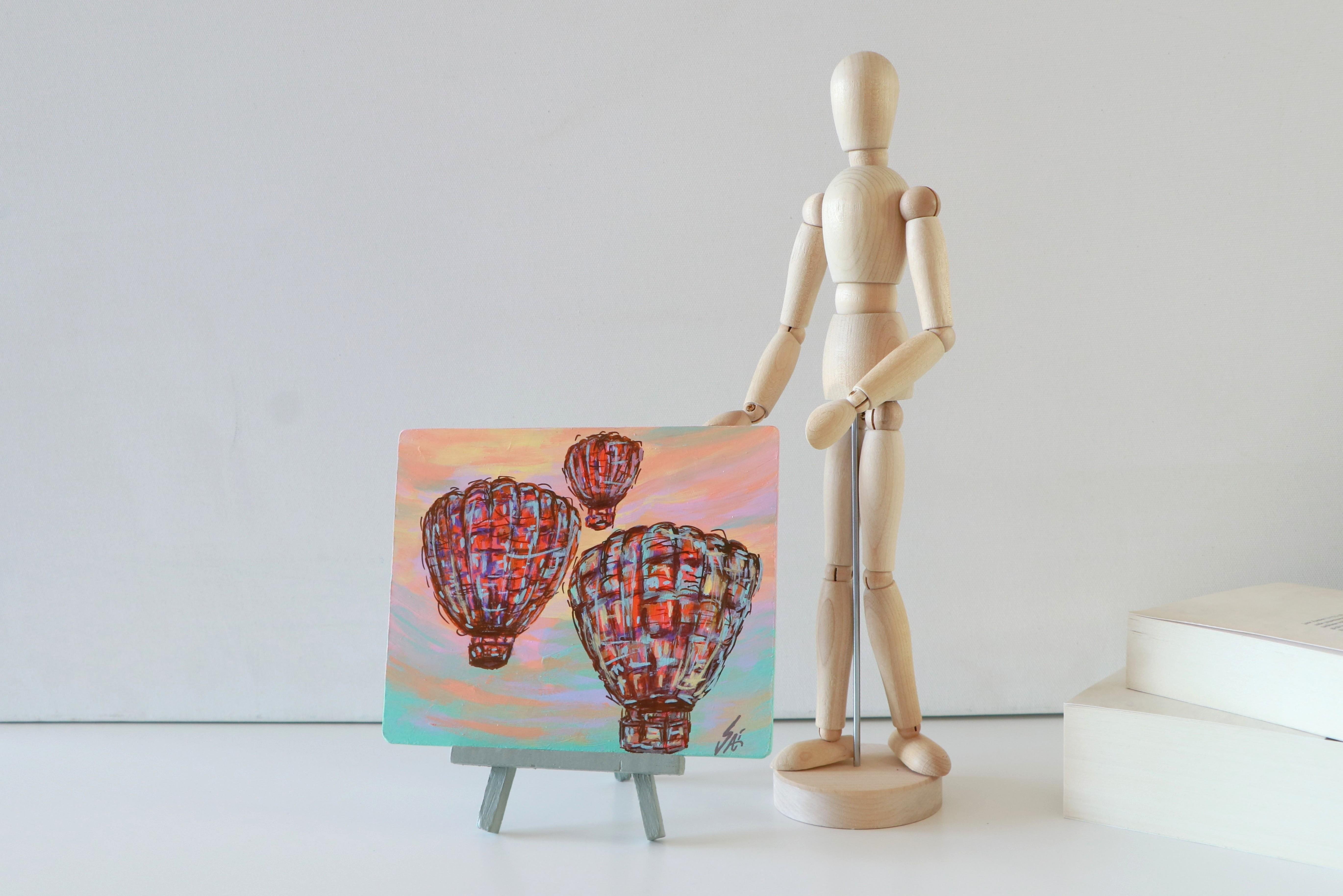 Duralit Üzerine Akrilik Boya Resim - 14cm x 16.5cm - Resim + Şövale Bir Arada - Desen 3: Uçan Balonlar