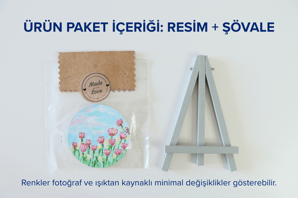 Duralit Üzerine Akrilik Boya Resim - 8 cm Çapında - Resim + Şövale Bir Arada - Desen:7