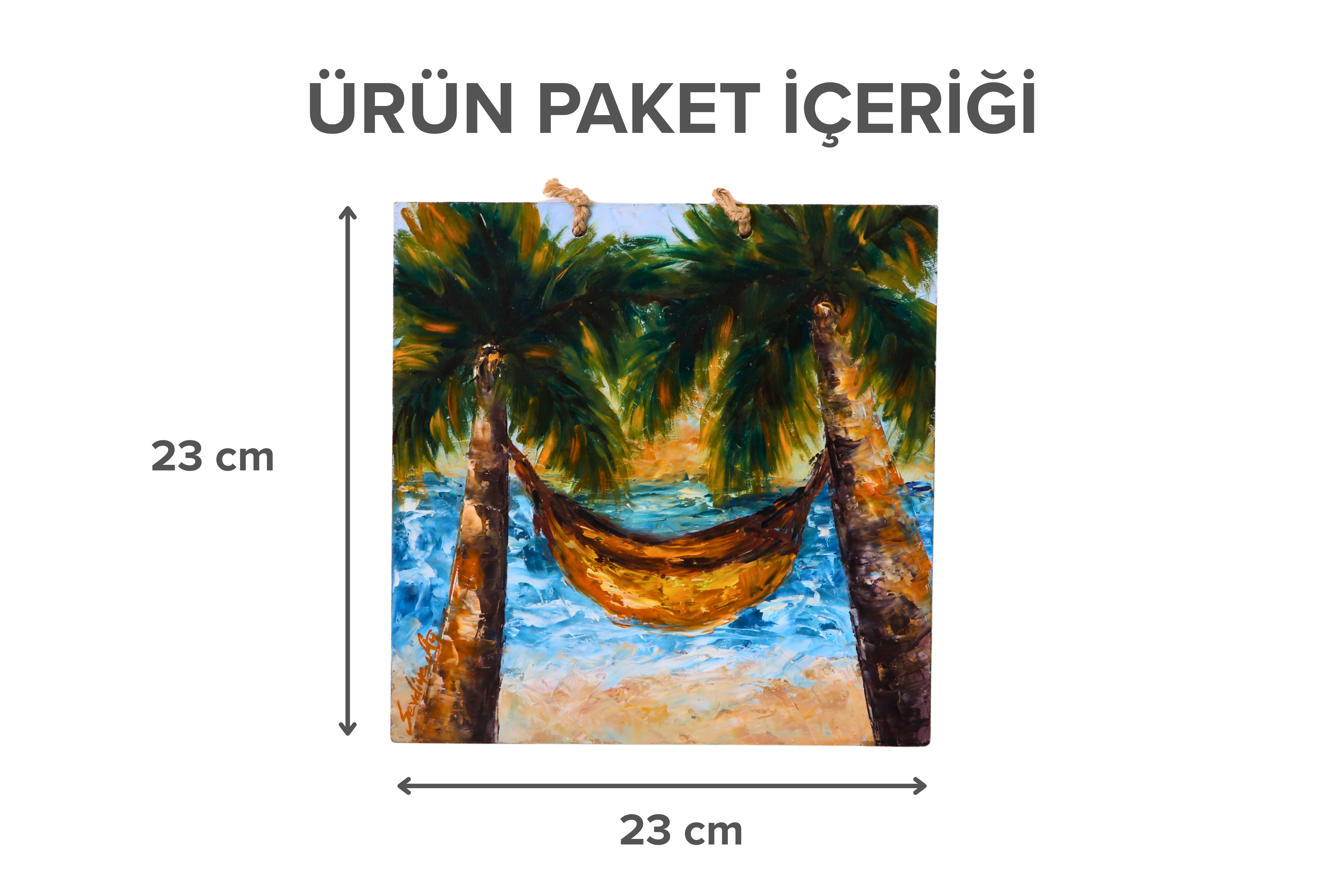 Kare Duralit Üzerine Akrilik Boya - Palmiye Manzara Desenli Tablo (23 x 23 cm)