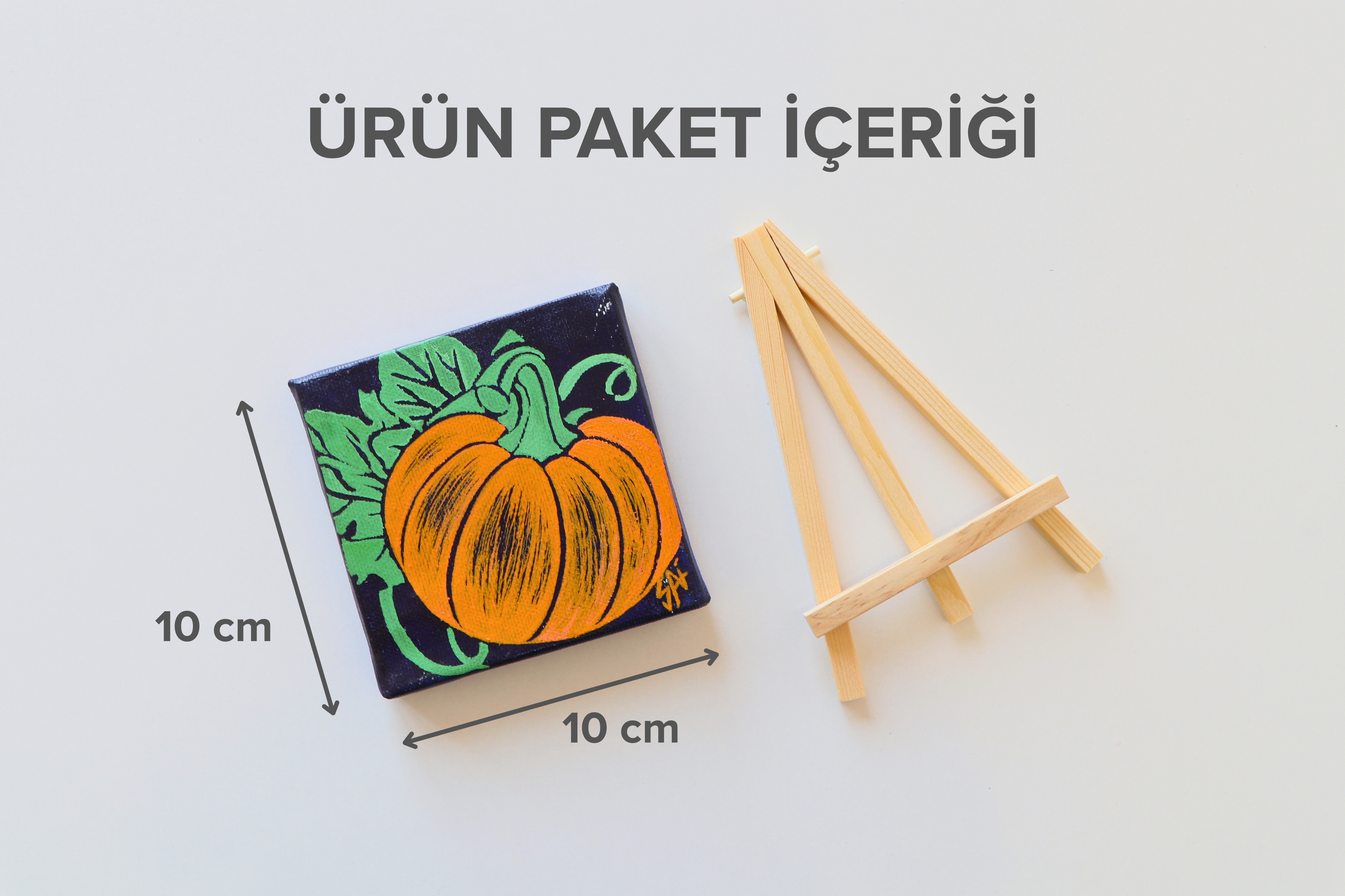 Tuval Üzerine Akrilik Boya Resim - 10 cm x 10 cm - Resim + Şövale Bir Arada - Bal Kabağı