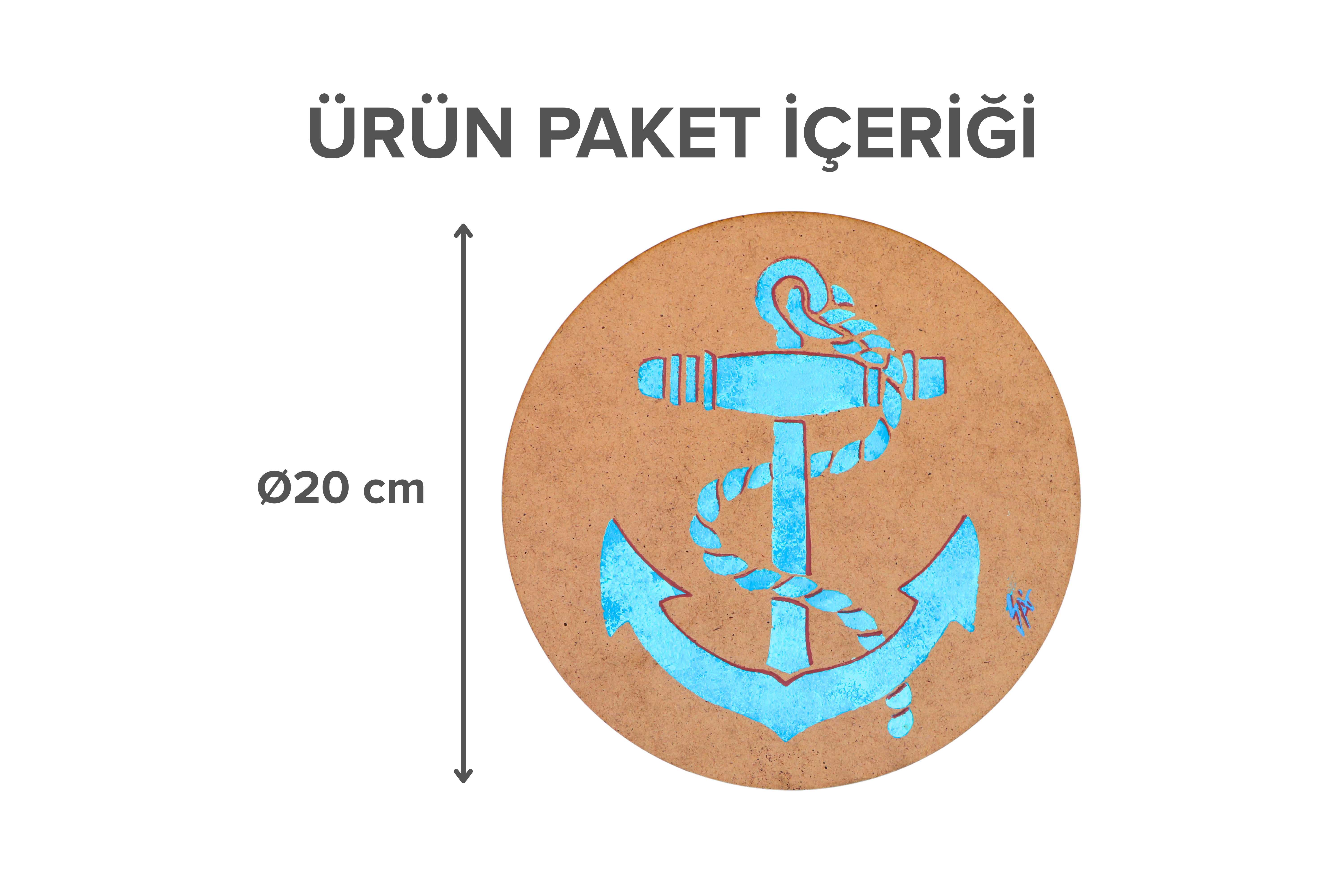 Yuvarlak Duralit Üzerine Akrilik Boya - Ø20 cm Deniz Çapası Desenli Tablo