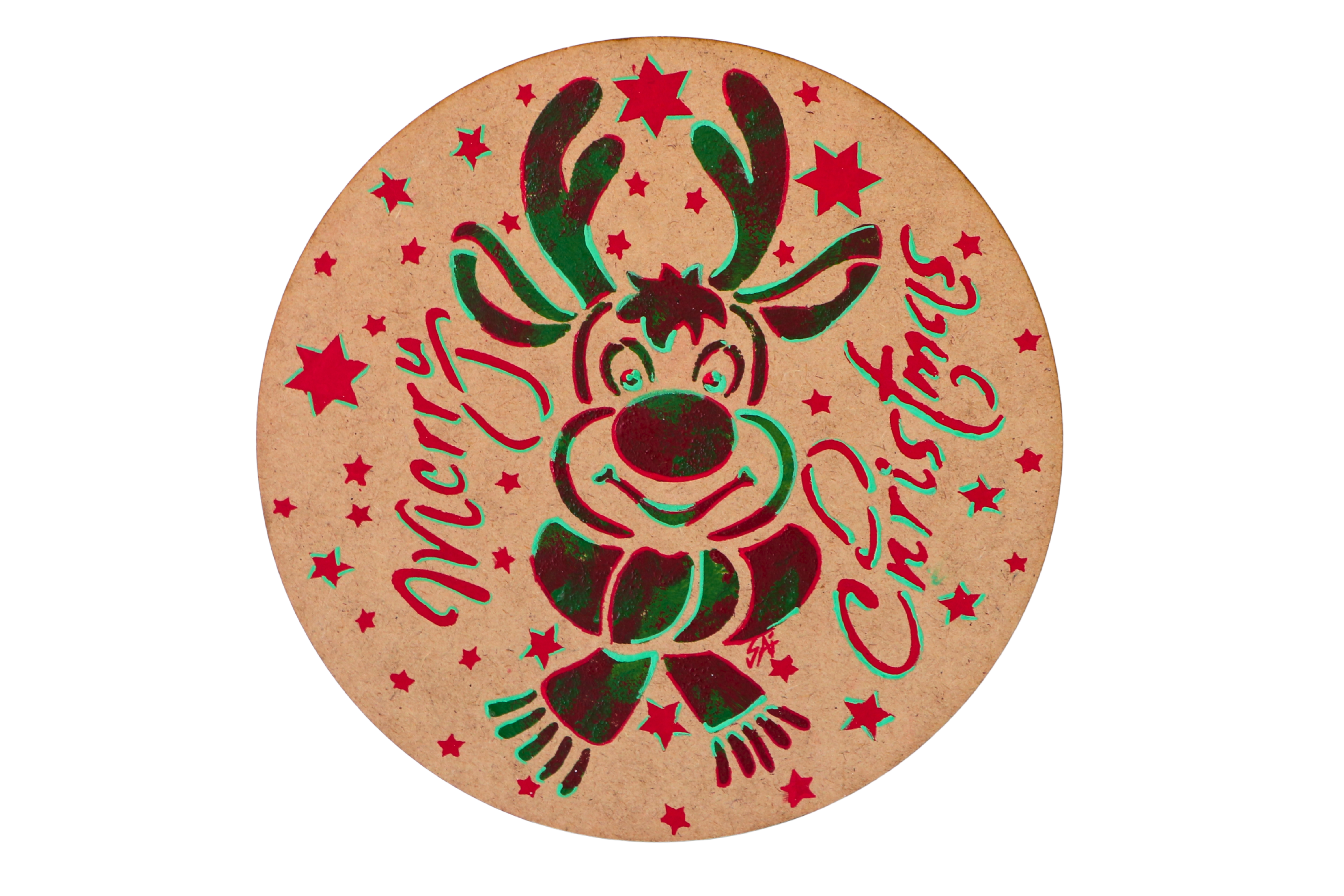 Yuvarlak Duralit Üzerine Akrilik Boya - Ø20 cm Merry Chirtimas Desenli Tablo