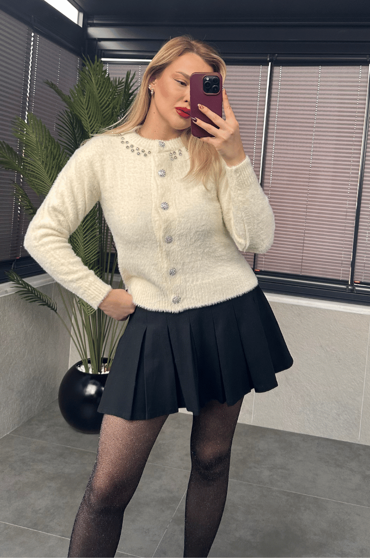  Taşlı Bisiklet Yaka Ekru Hırka