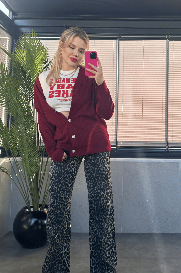 Açık Bordo Fitilli Oversize Basic Örme Hırka