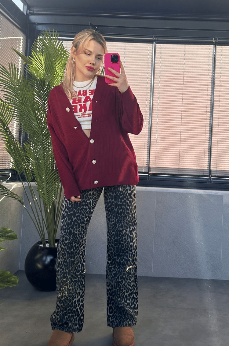 Açık Bordo Fitilli Oversize Basic Örme Hırka