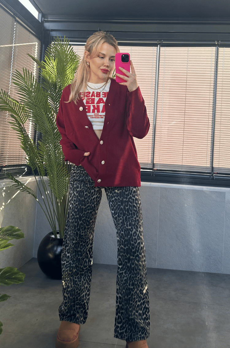 Açık Bordo Fitilli Oversize Basic Örme Hırka