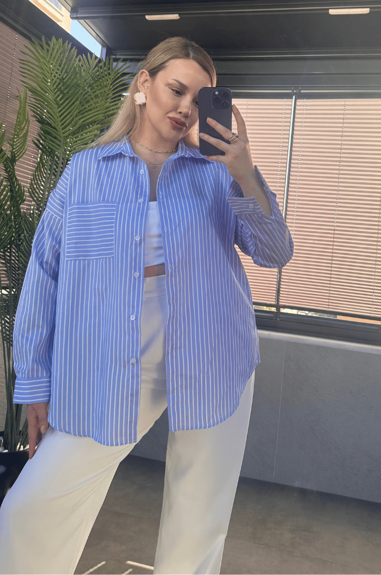 Açık Mavi Tek Cepli Çizgili Oversize Modal Gömlek