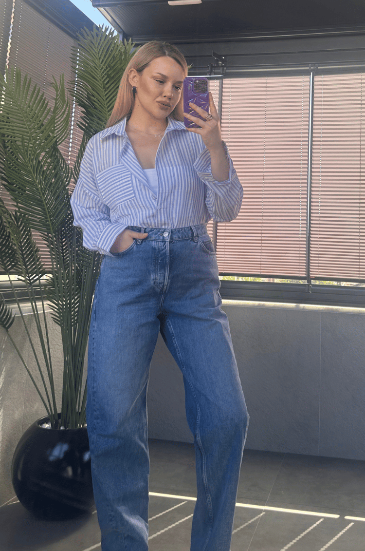 Açık Mavi Tek Cepli Çizgili Oversize Modal Keten Gömlek