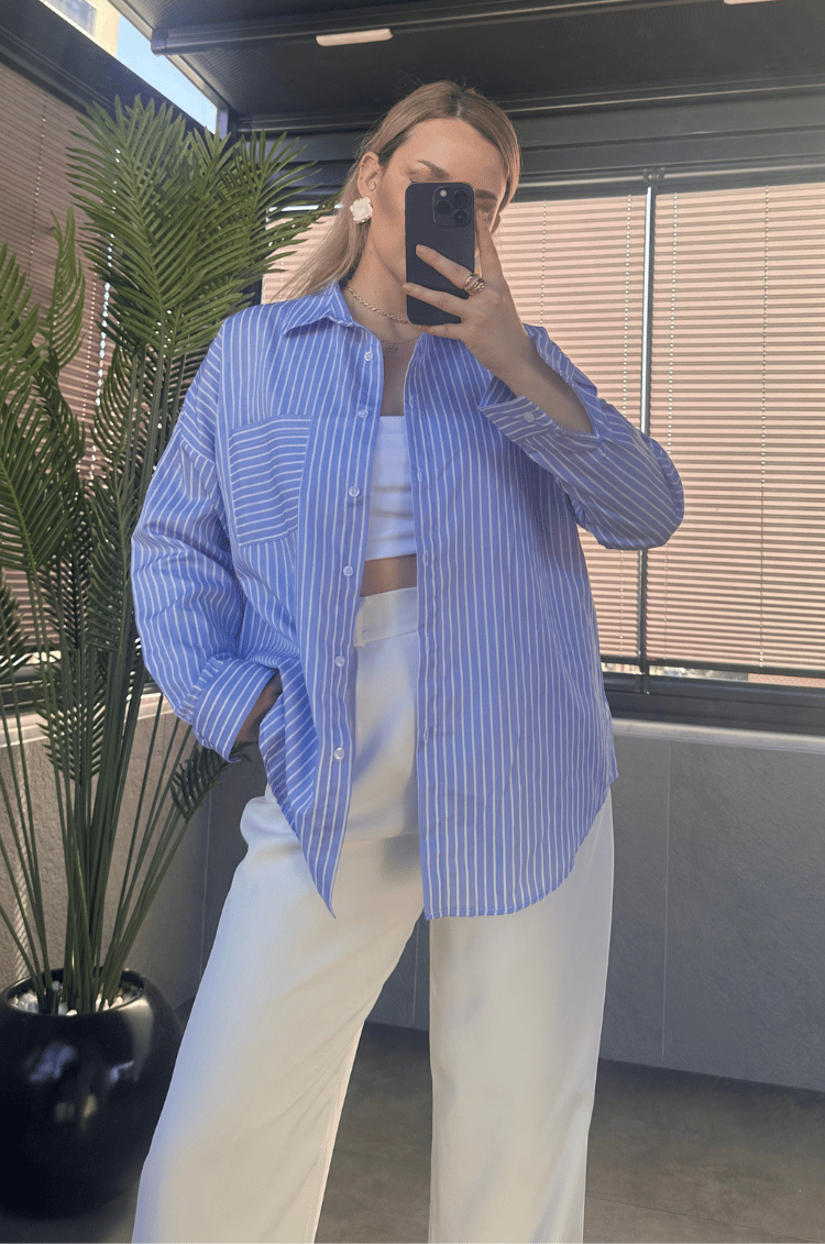 Açık Mavi Tek Cepli Çizgili Oversize Modal Gömlek