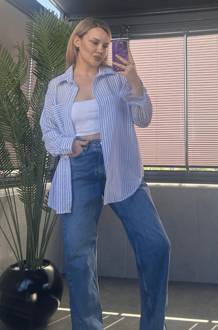 Açık Mavi Tek Cepli Çizgili Oversize Modal Keten Gömlek