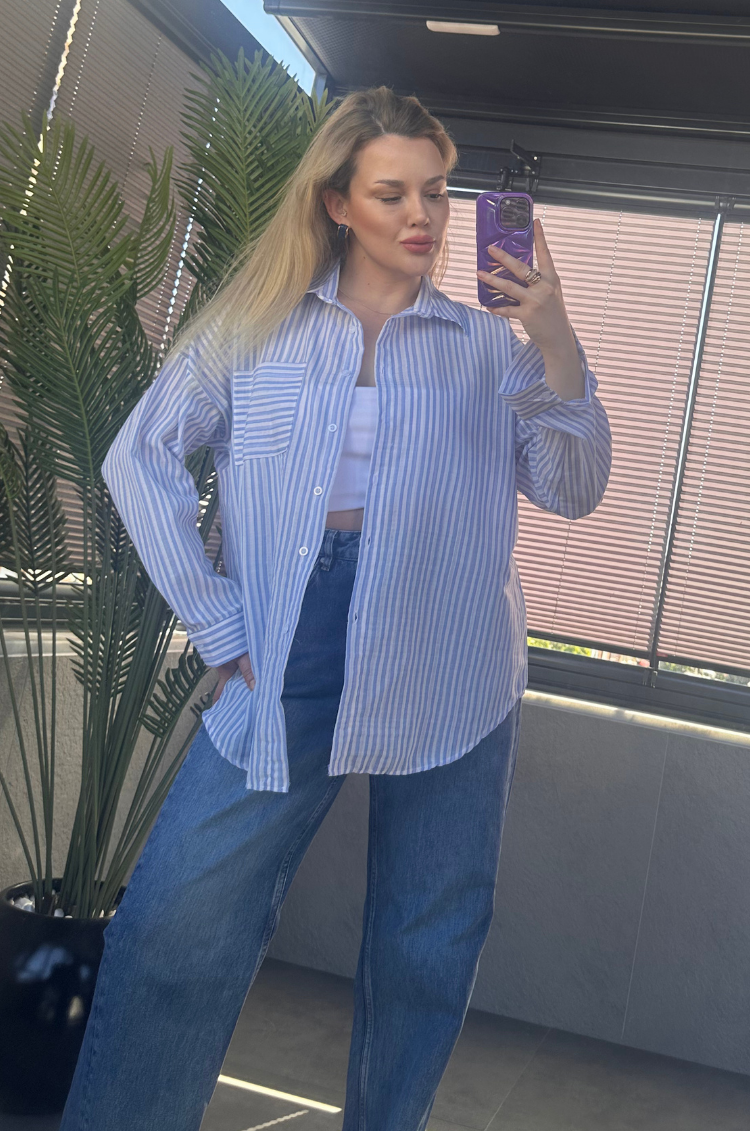 Açık Mavi Tek Cepli Çizgili Oversize Modal Keten Gömlek