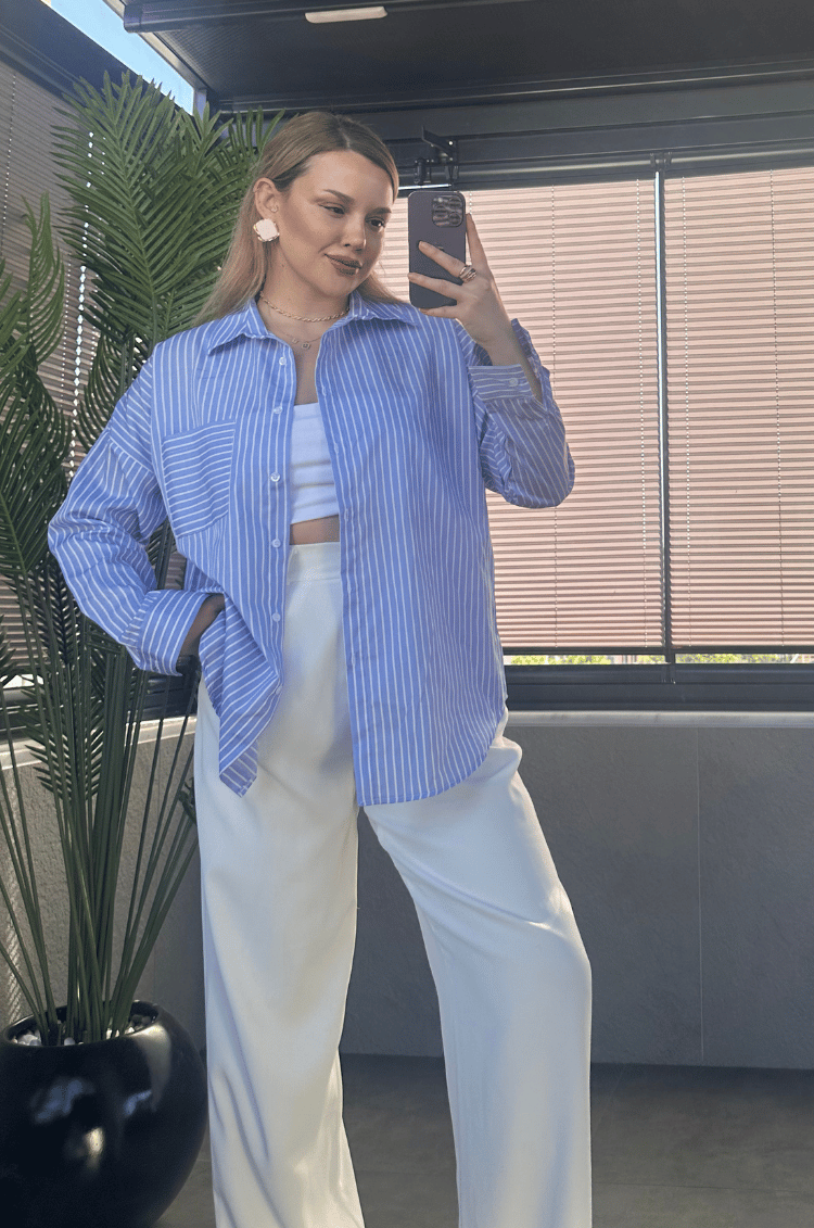 Açık Mavi Tek Cepli Çizgili Oversize Modal Gömlek