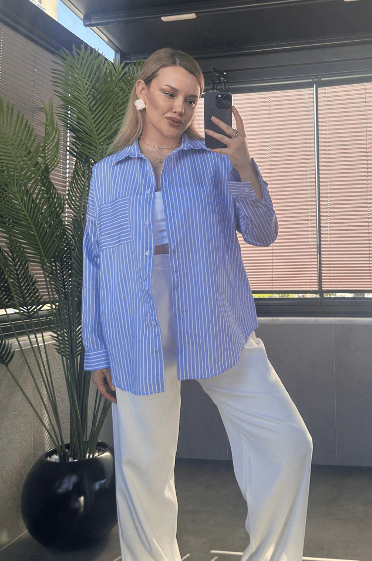 Açık Mavi Tek Cepli Çizgili Oversize Modal Gömlek