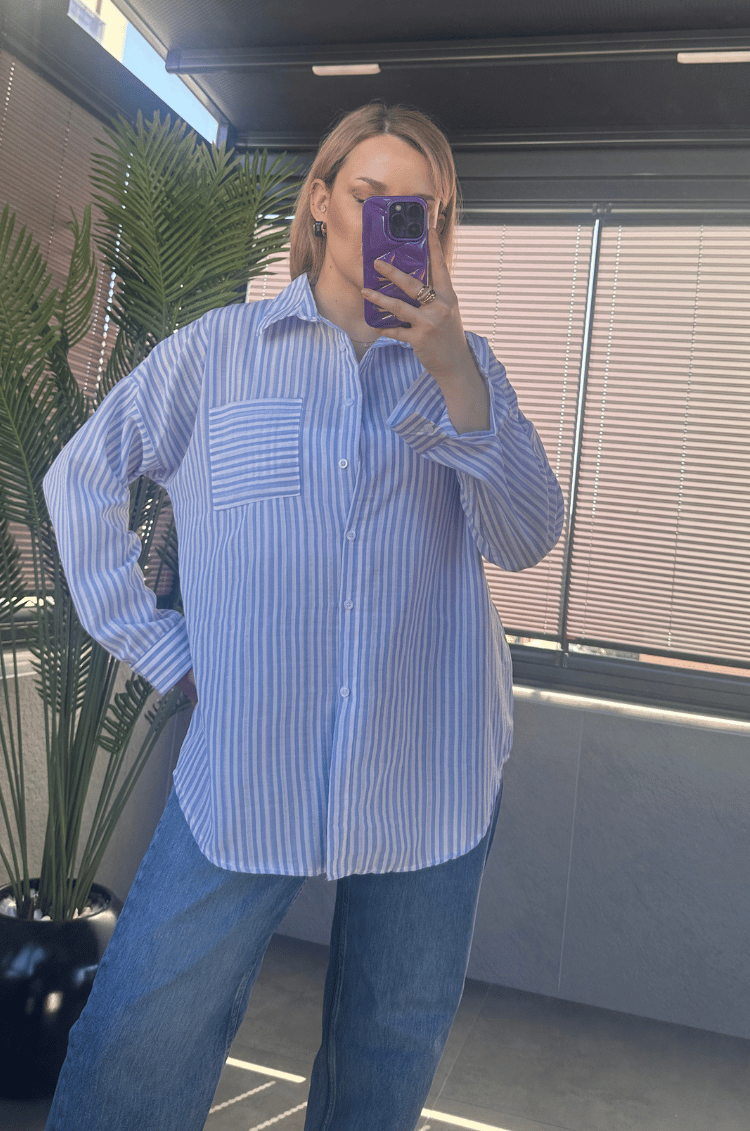 Açık Mavi Tek Cepli Çizgili Oversize Modal Keten Gömlek