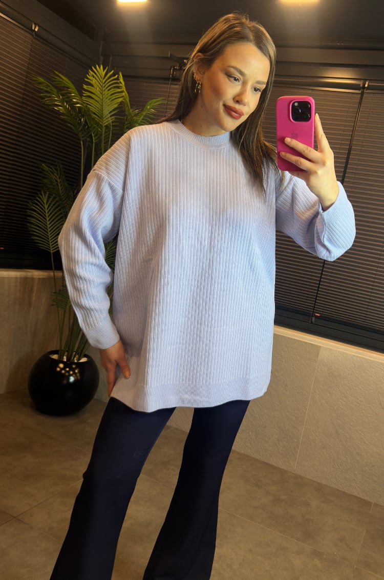 Açık Mavi Yarı Boğazlı Fitilli Oversize Kazak 