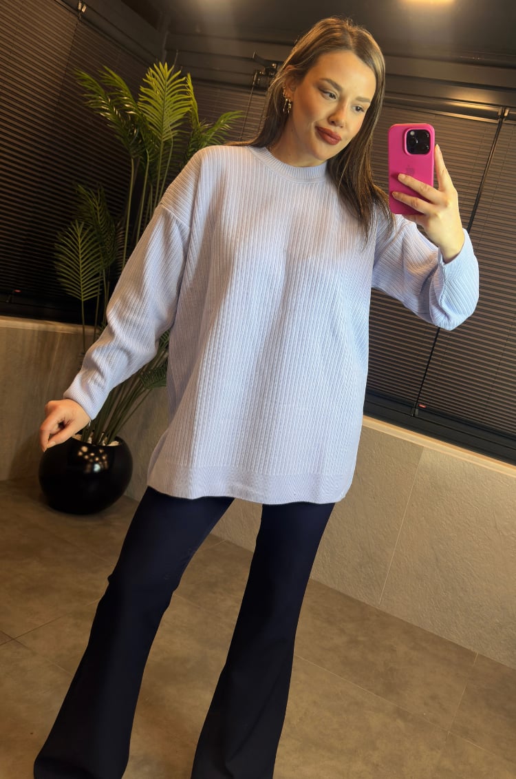 Açık Mavi Yarı Boğazlı Fitilli Oversize Kazak 