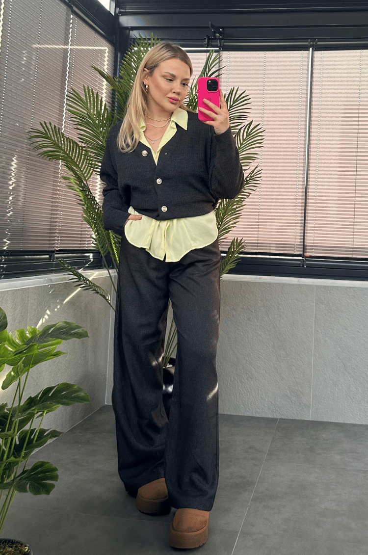 Antrasit Gri Fitilli Oversize Basic Örme Hırka