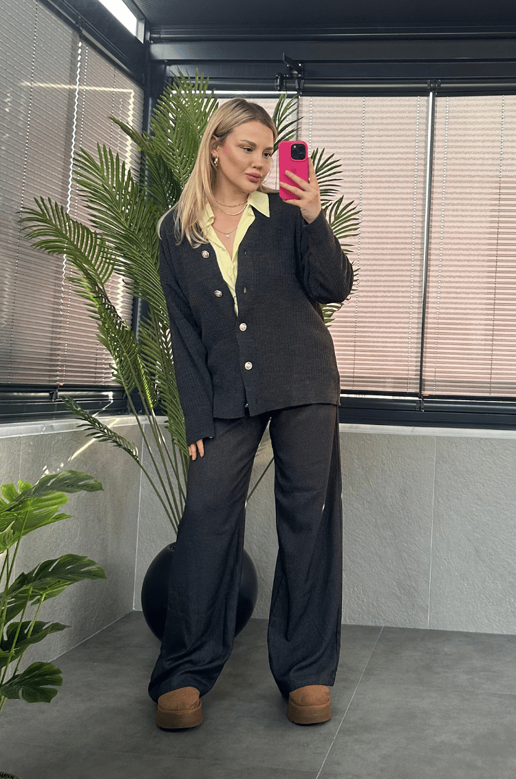 Antrasit Gri Fitilli Oversize Basic Örme Hırka