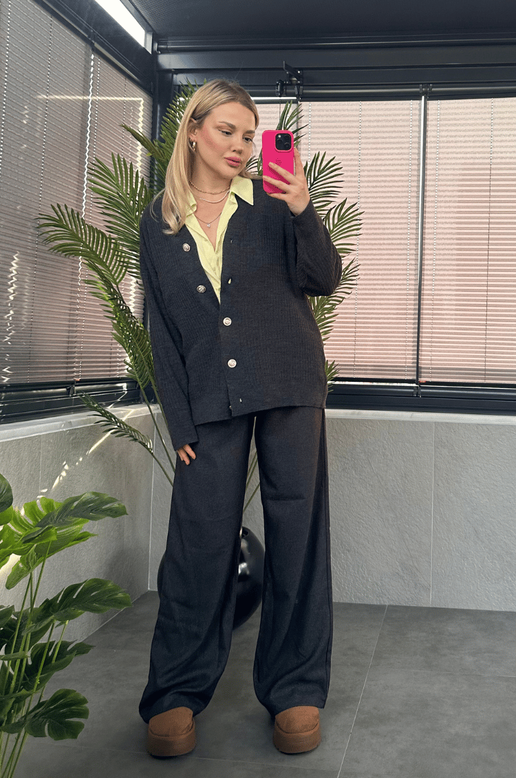 Antrasit Gri Fitilli Oversize Basic Örme Hırka