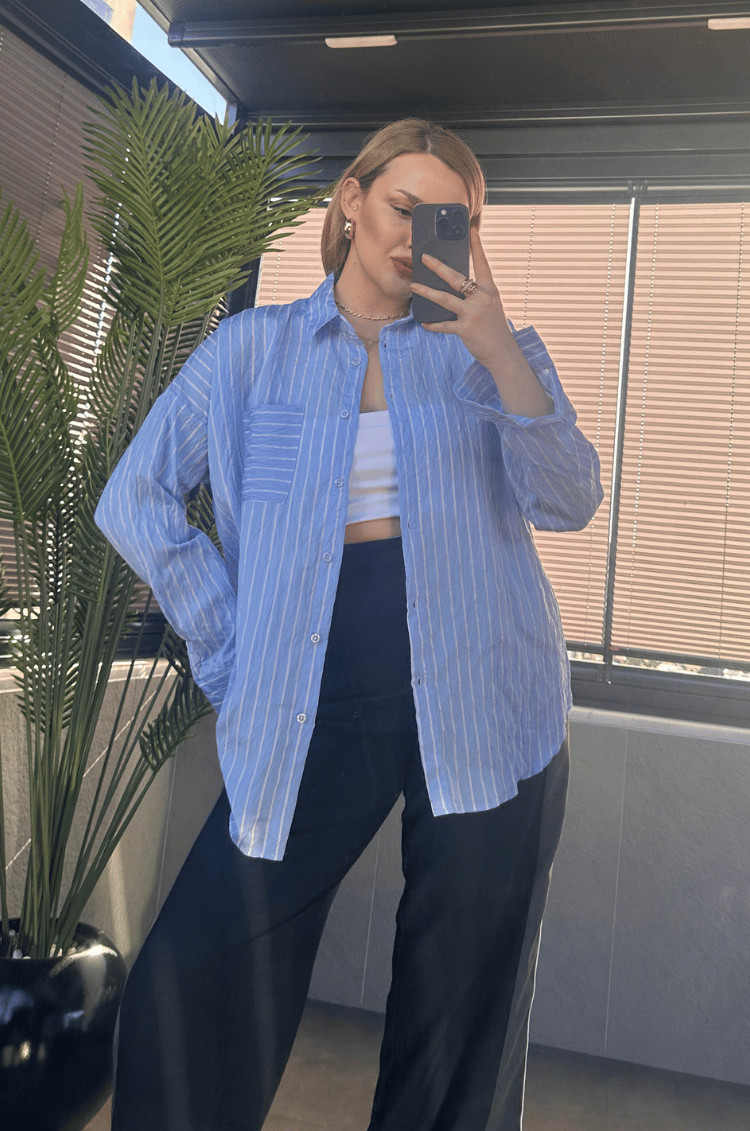 Bebe Mavisi Tek Cepli Çizgili Oversize Modal Gömlek