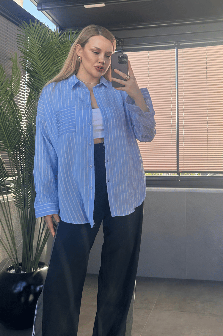 Bebe Mavisi Tek Cepli Çizgili Oversize Modal Gömlek